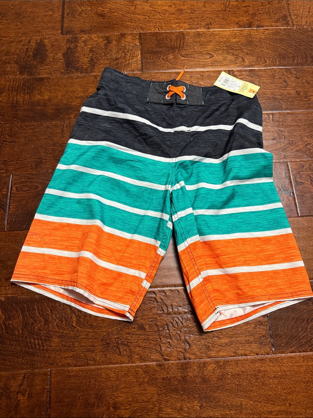 Cherokee Men's Striped Swim Board Shorts in Black, Teal & Orange